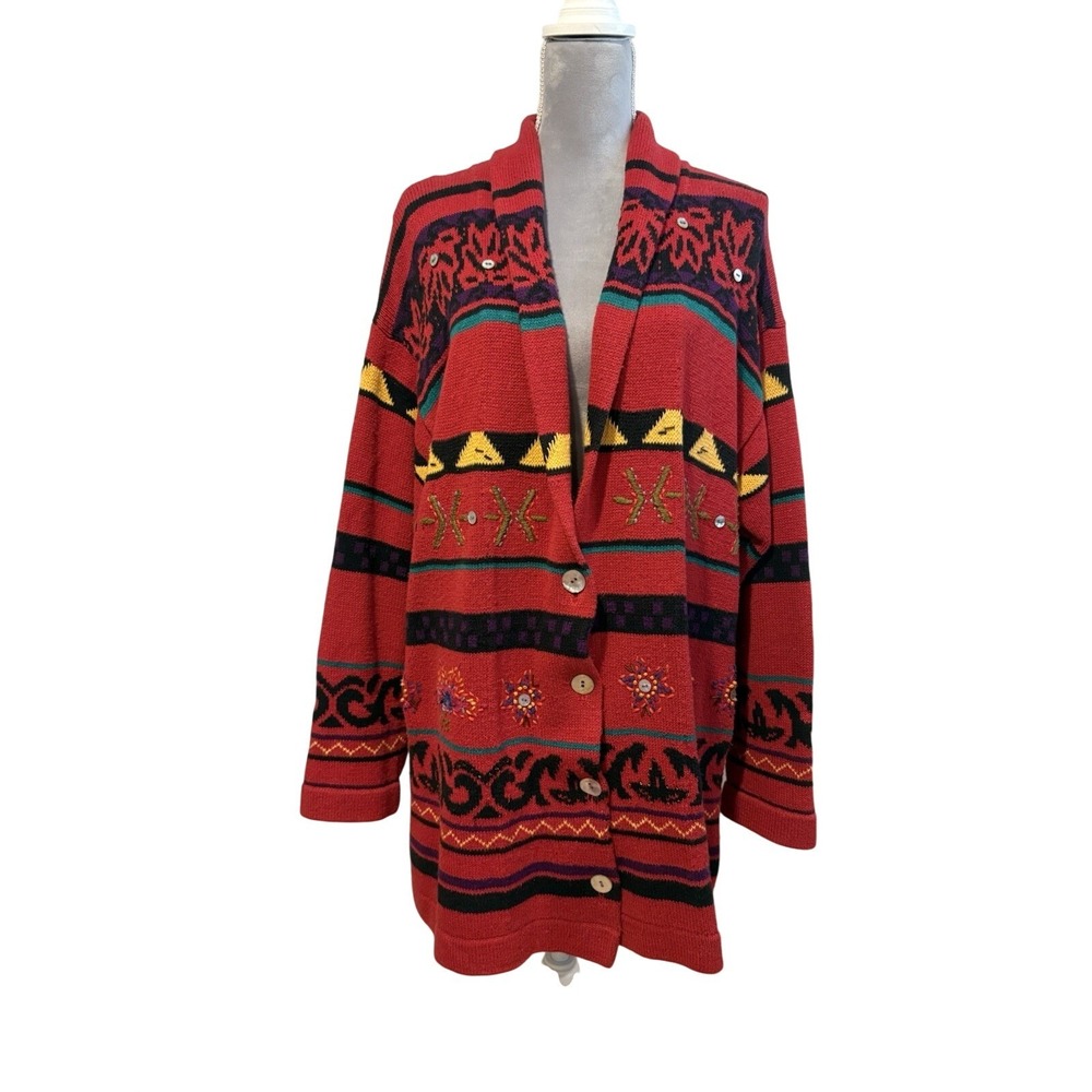 Vintage‎ Carole Little Sport Red Cardigan Sweater Women's LG Southwestern Aztec